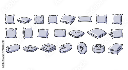 Collection of various pillows and cushions in a cartoon outline style, featuring different shapes and sizes like square, rectangular, bolster, and round, perfect for infographics, articles, books