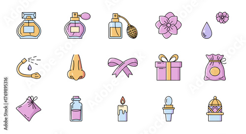 A collection of flat design icons representing perfume and fragrance elements, including various perfume bottles, a nose, a flower, a gift box, a candle, and a scent diffuser, perfect for graphic