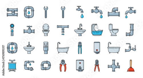 Collection of plumbing icons and symbols, including pipes, faucets, toilets, sinks, bathtubs, wrenches, and plumbing tools, presented as a vector cartoon illustration with editable stroke and a white