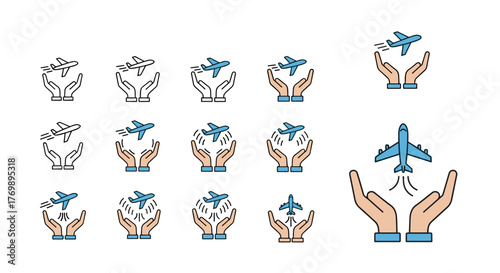 Set of minimalistic airplane icons with open hands, symbolizing travel, safety, and aviation services. Includes various styles from outline to filled color, depicting planes taking off, flying, and