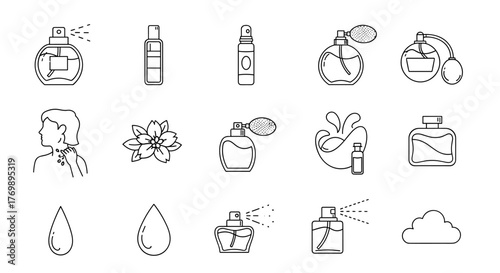 Collection of thin line icons representing various perfume bottles, atomizers, fragrance sprays, drops, and a silhouette of a woman wearing perfume, suitable for web, books, cards, and apps