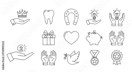 Set of outline icons representing charity, gifts, and positive concepts, including a crown, tooth, horseshoe, lightbulb between hands, piggy bank, heart, dove, medal, and gift box, perfect for