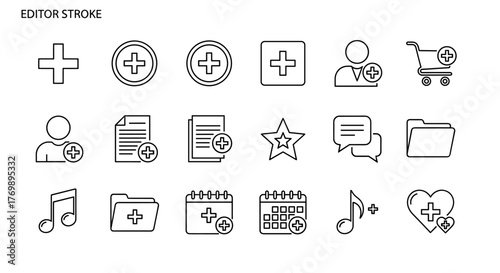 Set of 12 Plus or Add Related Icons, including a large plus sign, a circle with a plus, a shopping cart with a plus, and other variations, presented as editable stroke vector cartoon illustrations on