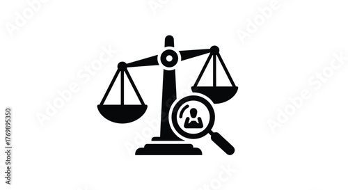 Scales of justice with bias detection and a magnifying glass silhouette