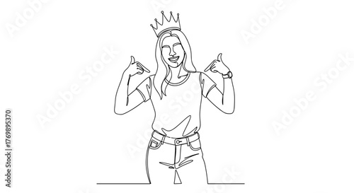 Single continuous line drawing of a woman in casual clothes, wearing a crown and pointing at herself with both thumbs, symbolizing high self-esteem, success, and reward, presented in a minimalist