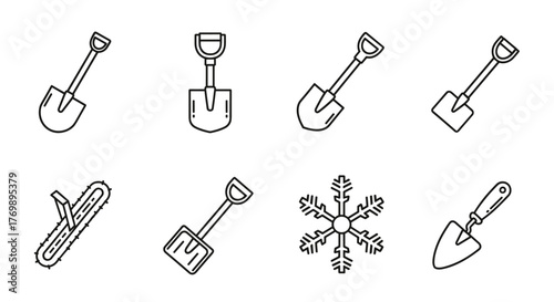 Set of modern outline style icons featuring shovels, a chainsaw, and a snowflake, presented on a clean white background, perfect for design projects, cards, apps, and social networks, offering a