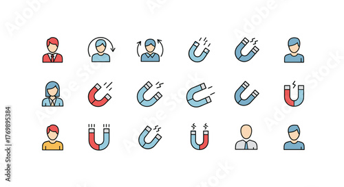 Collection of simple vector cartoon icons depicting users and magnets, symbolizing attraction, engagement, and business concepts. Includes various user profiles and horseshoe magnets with and without