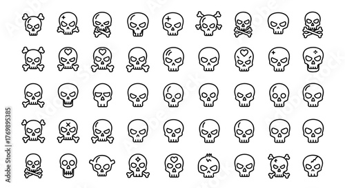A comprehensive collection of 40 unique skull and crossbones line icons, presented in a clean outline style. This versatile vector set includes various skull designs, perfect for graphic design, web