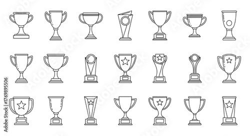 Collection of outline winning cups and trophies, symbolizing achievement and victory, perfect for infographics, articles, books, flyers, and banners, presented as editable stroke vector cartoon