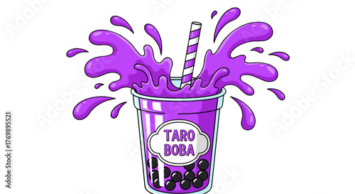 Vibrant cartoon illustration of a Taro milk bubble tea glass overflowing with bright purple splashes, featuring a striped drinking straw and a label that reads "TARO BOBA" with tapioca pearls at the