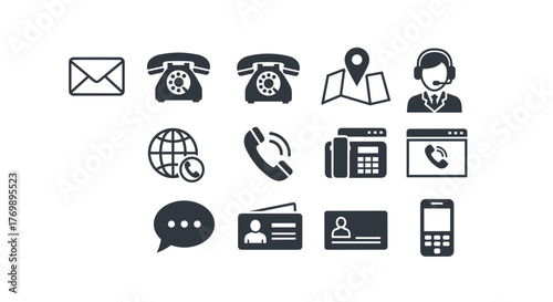 Collection of solid vector icons representing various contact methods and communication tools, including email, traditional and modern phones, a map pin, customer service headset, globe with phone