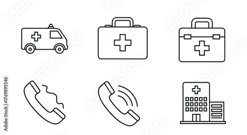 Set of minimalist line art icons representing emergency medical services and healthcare, including an ambulance, a first aid kit, a ringing telephone for emergency calls, and a hospital building, all
