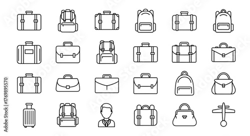 Vivid and versatile luggage and baggage icon set, featuring adjustable line weight for diverse applications. Includes suitcase, backpack, briefcase, and purse symbols, all rendered in a clean, modern