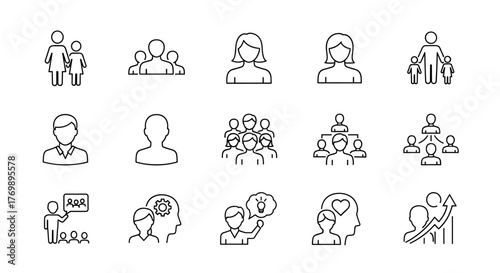 A comprehensive collection of vector line icons representing various human figures and group dynamics, including families, teams, individuals, and abstract concepts like ideas and growth, presented
