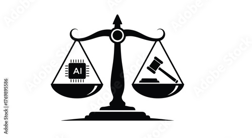 Scales of justice with ai and gavel imagery striking silhouette