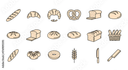 Collection of thin line icons representing various types of bread and bakery items, including baguettes, croissants, pretzels, loaves, bagels, and wheat stalks, perfect for web, books, cards, and