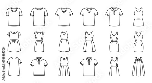 Collection of simple linear outline illustrations of various dresses and t-shirts, including crew neck, v-neck, and polo shirts, suitable for web, books, cards, and apps, editable stroke, vector