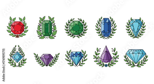 Collection of ten vibrant, faceted gemstones, including rubies, emeralds, sapphires, and amethysts, each encircled by a laurel wreath with delicate floral accents, presented in a clean, organized