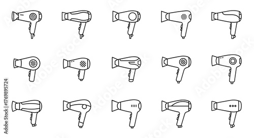 Collection of minimalistic linear icons representing various hairdryer models, perfect for web design, graphic design, app interfaces, banners, social media, and cards. This vector cartoon