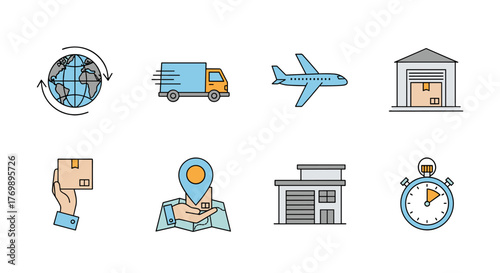 Global delivery and logistics icons set, including world map with arrows, truck, airplane, warehouse, package in hand, map pin, building, and stopwatch, representing fast and efficient shipping
