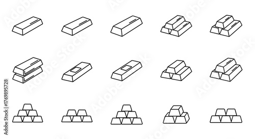 Collection of Gold Bar Illustrations in Outline Style, Featuring Editable Strokes, Perfect for Infographics, Articles, Books, Flyers, Banners, and Vector Cartoon Designs, Showcasing Wealth and
