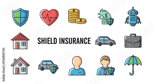 Diverse Insurance Icons Set: Health, Money, Robot, Home, Car, Briefcase, Umbrella, and People, presented by Shield Insurance for graphic design, app development, and conceptual illustrations with a