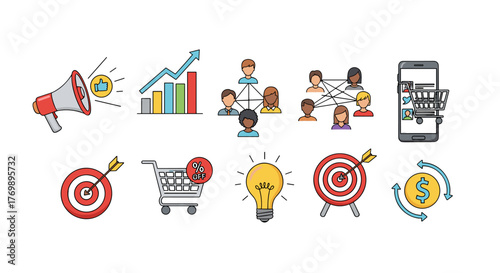 Set of flat design icons representing social media marketing, business growth, teamwork, online shopping, target achievement, and financial success, perfect for digital presentations and web design