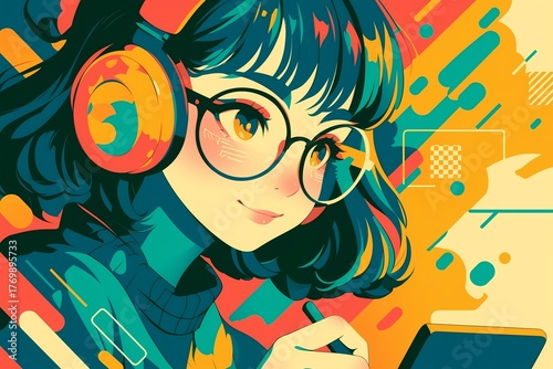 躍動感のある線画と配色による女性イラスト（エネルギー・ダイナミック・イラストレーション）