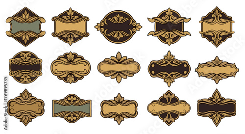 Collection of 15 ornate vintage badge and logo design elements featuring intricate flourishes, swirls, and decorative borders in gold and brown tones, perfect for graphic resources and branding.