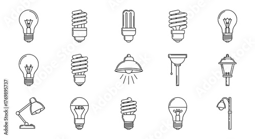 Collection of light bulb and lamp outline icons, featuring incandescent, CFL, LED, desk lamp, pendant light, and street lamp designs. This editable stroke vector graphic set is perfect for