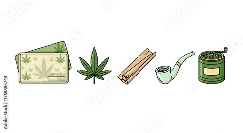 Vintage Cannabis Accessories and Business Card Vector Illustration: A collection of iconic marijuana-related items including a leaf, rolling paper, pipe, grinder, and a business card, presented in a