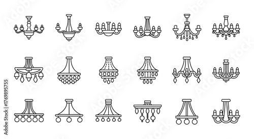Collection of minimalistic outline icons representing various chandeliers and lustres, perfect for web design, graphic design, app interfaces, banners, social networks, and card designs. This vector