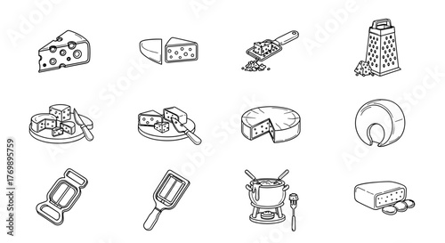 Set of line art icons representing various types of cheese and cheese-related accessories, including wedges, wheels, graters, fondue pots, and cheese knives, presented on a clean white background