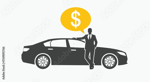 Man with car and dollar sign bubble a sleek modern silhouette