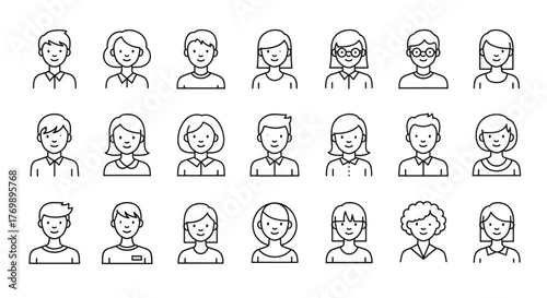 Collection of simple, linear outline avatars representing diverse male and female users, suitable for web, books, cards, and apps, with editable strokes and a cartoon illustration style.