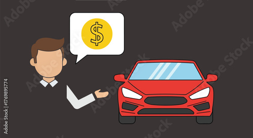 man presenting a red car with a dollar sign speech bubble silhouette