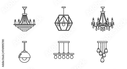 Set of six minimalistic outline icons representing various chandeliers and pendant lights, perfect for web and graphic design, apps, banners, social networks, and cards. This vector cartoon