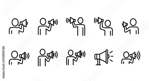 Set of minimalistic line art icons depicting a person holding a megaphone or loud speaker, symbolizing announcement, communication, and public speaking. These versatile vector graphics are perfect