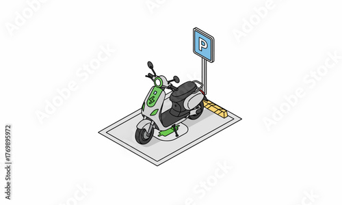 Isometric illustration of a green and white retro-style scooter parked in a designated bay with a parking sign.
