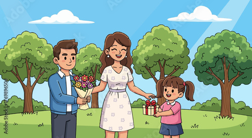 International Mother’s Day family illustration showing a mother being surprised with flowers and a gift by her husband and child in a sunny park.