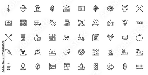 South Africa icon set. Vector illustration featuringsymbols like safari, baoba, protea, vuvuzela, aparthid museum, and more. Editale stroke design.