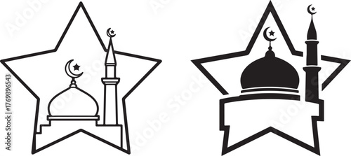 Mosque Dome Minaret Icon within Star Outline and Silhouette Vector Graphic