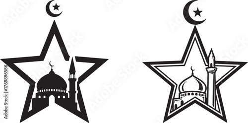 Islamic Star Frame with Mosque Silhouette and Outline Icons