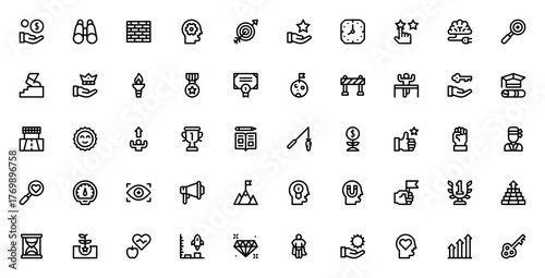 Motivation icon set. Vector illustration. Includes smbols for success, achieveent, goal, growth, trophy,win, brain, health, superhro and more. Editable stroe.