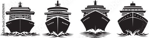 Front view silhouettes of four large cruise ships in black and white with detailed decks and water splashes, illustrating maritime travel, luxury transport, and nautical exploration.