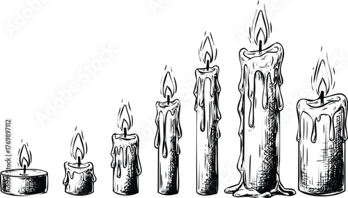 Set of burning candles of different sizes engraving art design
