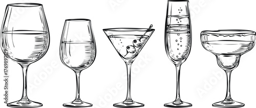 Collection of five different cocktail glasses engraving art design