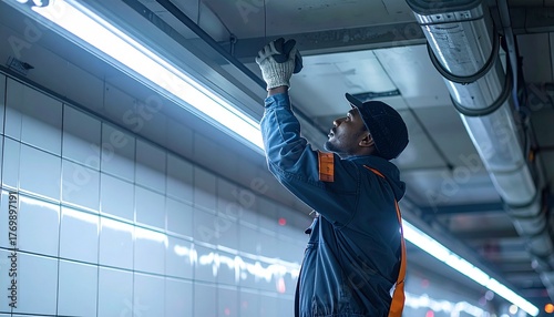 Transit Worker Replacing Light Fixture in Bus Terminal