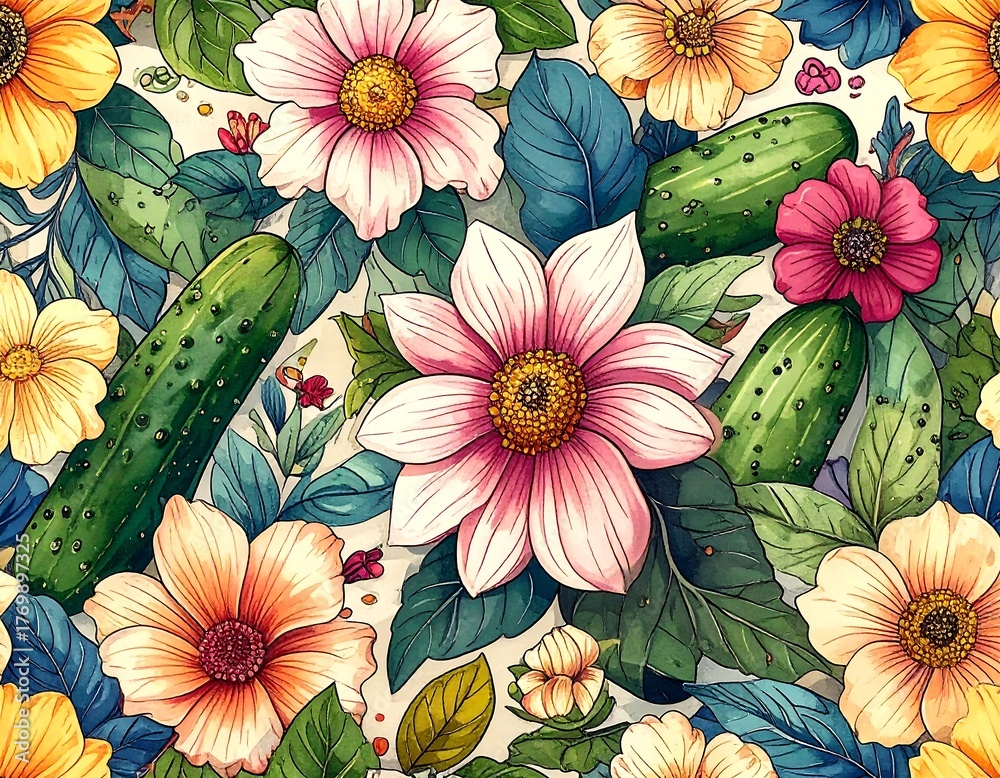 custom made wallpaper toronto digitalColorful floral and vegetable illustration featuring cucumbers