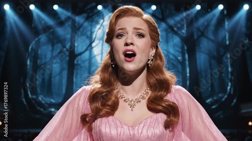 A young woman sings on an opera theater on stage